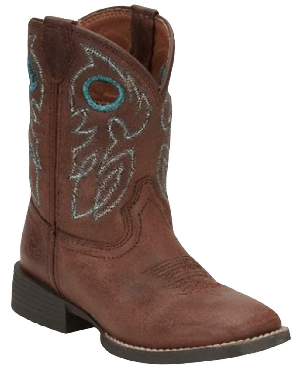 JUSTIN BOYS' BOWLINE JUNIOR WESTERN BOOT BROAD SQUARE TOE - CHOCOLATE/TURQUOISE